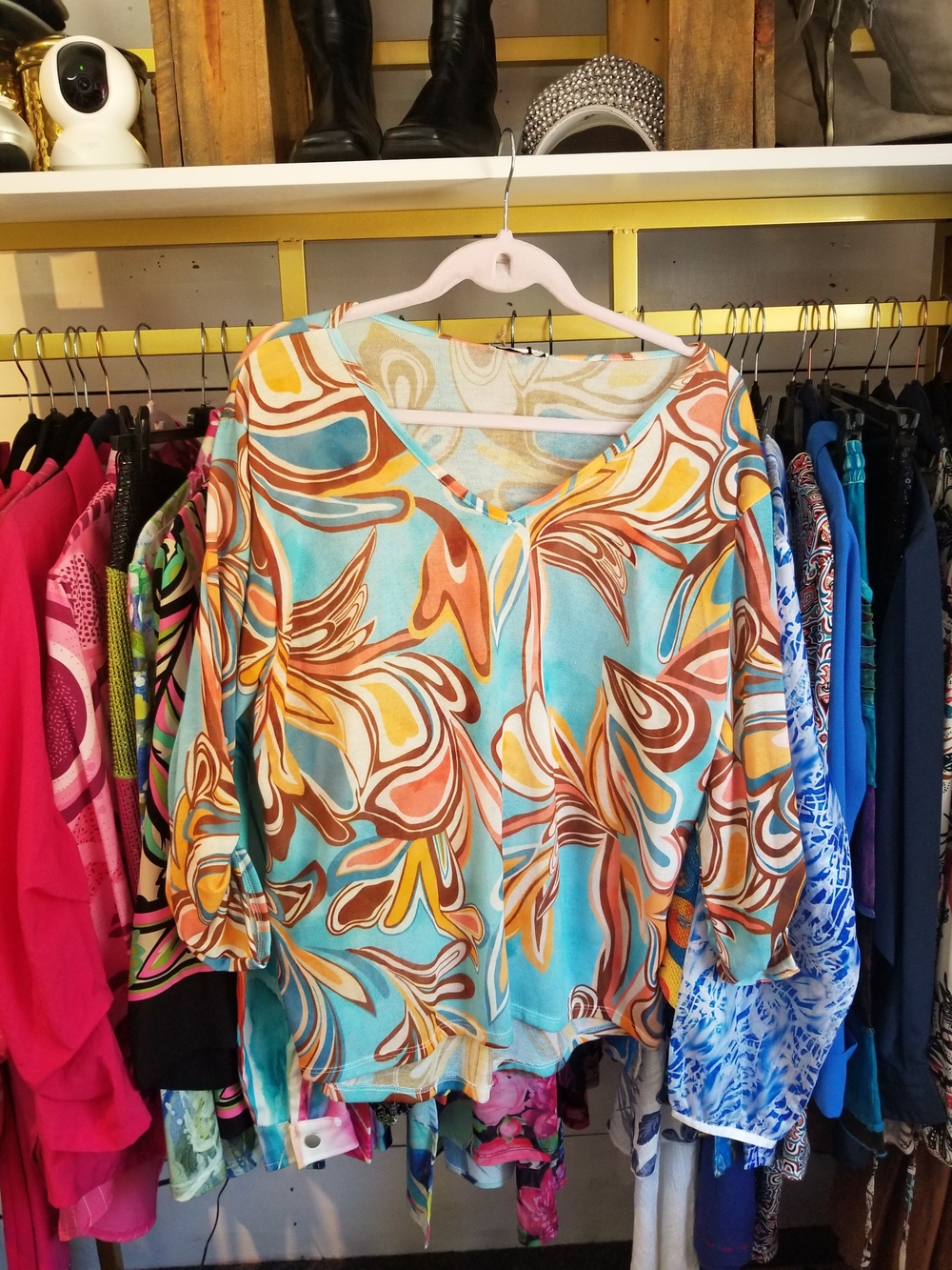 Karma V-Neck Abstract Print Blouse in Turquoise, Brown and Yellow
